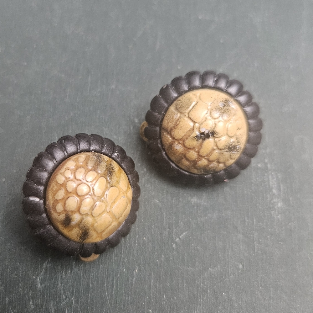 Vintage Homemade Turtle Textured Button Clip On Earrings